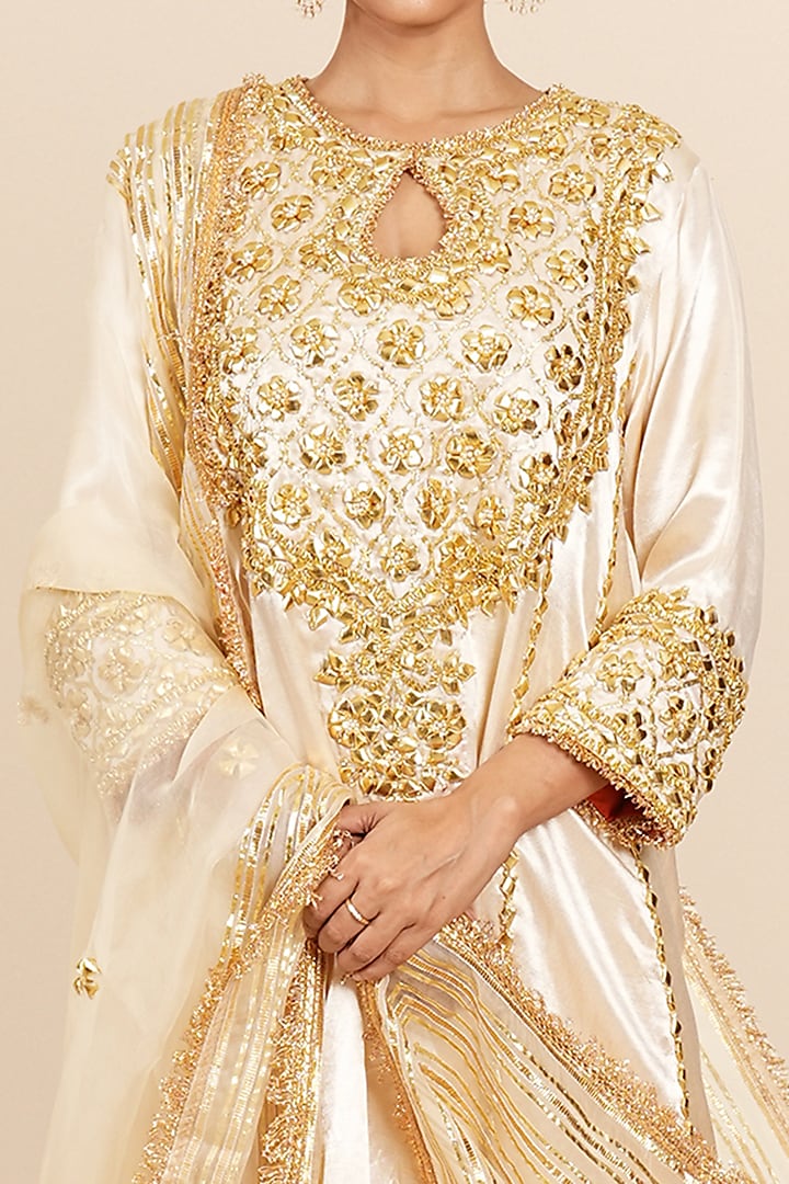 Beige Mashru Silk Gota & Sequins Hand Embroidered A-Line Kurta Set by Preeti S Kapoor at Pernia's Pop Up Shop