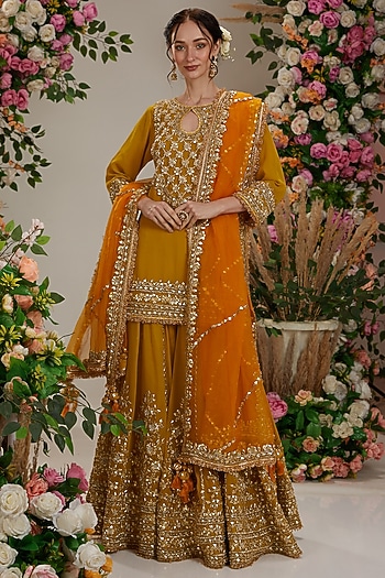 Mustard Georgette Gota Embroidered Bridal Sharara Set by Preeti S Kapoor at Pernia's Pop Up Shop