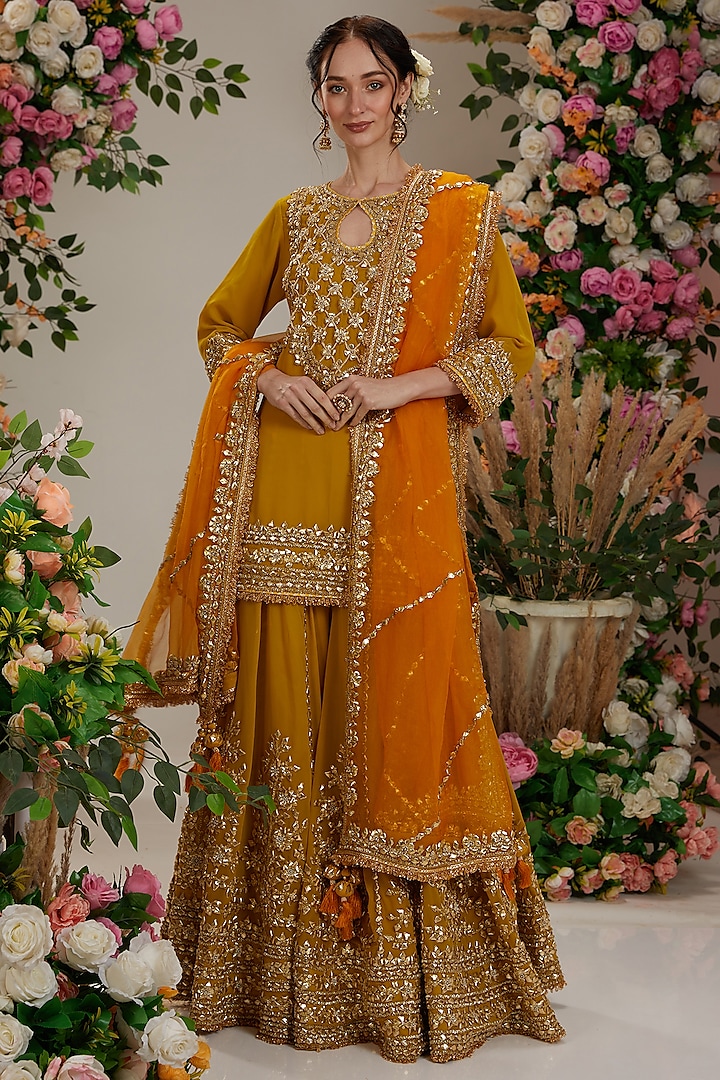 Mustard Georgette Gota Embroidered Bridal Sharara Set by Preeti S Kapoor at Pernia's Pop Up Shop