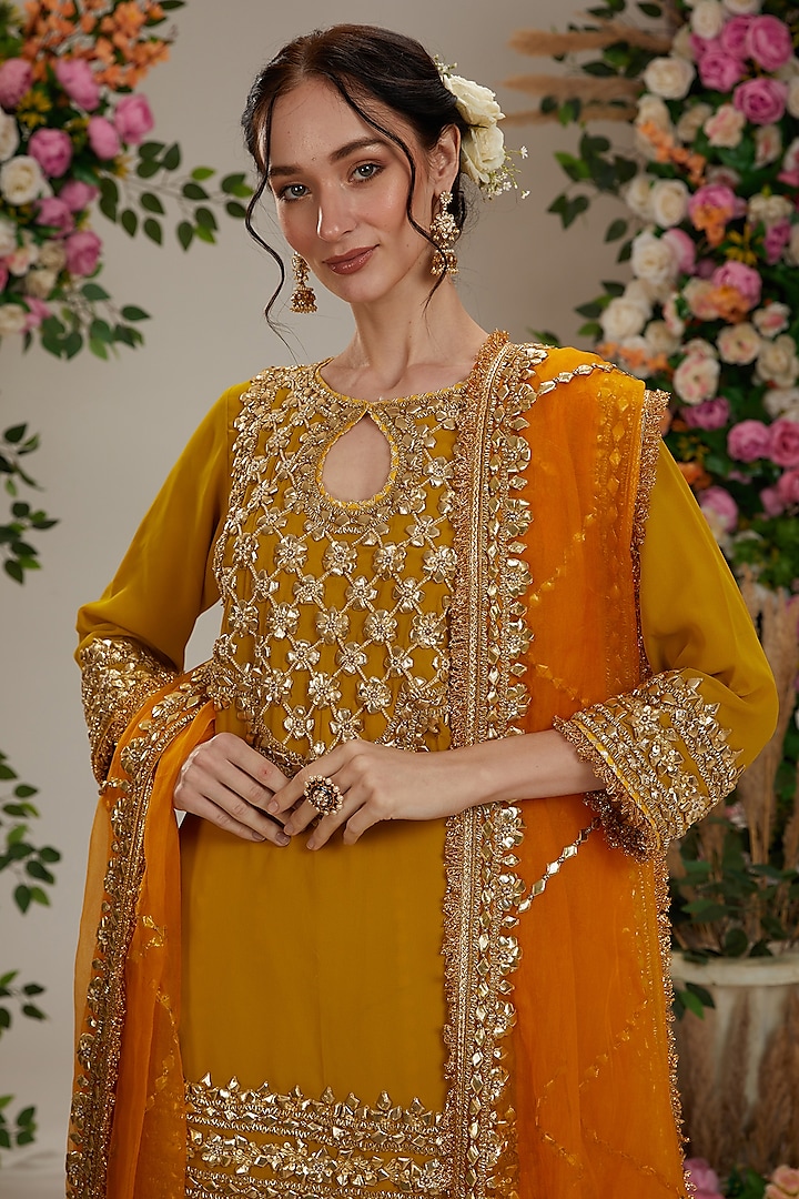 Mustard Georgette Gota Embroidered Bridal Sharara Set by Preeti S Kapoor at Pernia's Pop Up Shop