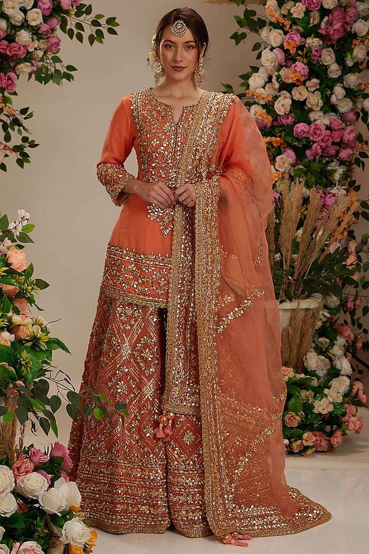 Peach Georgette Gota Embroidered Bridal Sharara Set by Preeti S Kapoor at Pernia's Pop Up Shop