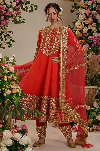 Coral Orange Georgette Gota Embroidered Bridal Anarkali Set by Preeti S Kapoor at Pernia's Pop Up Shop