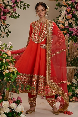 Coral Orange Georgette Gota Embroidered Anarkali Set by Preeti S Kapoor