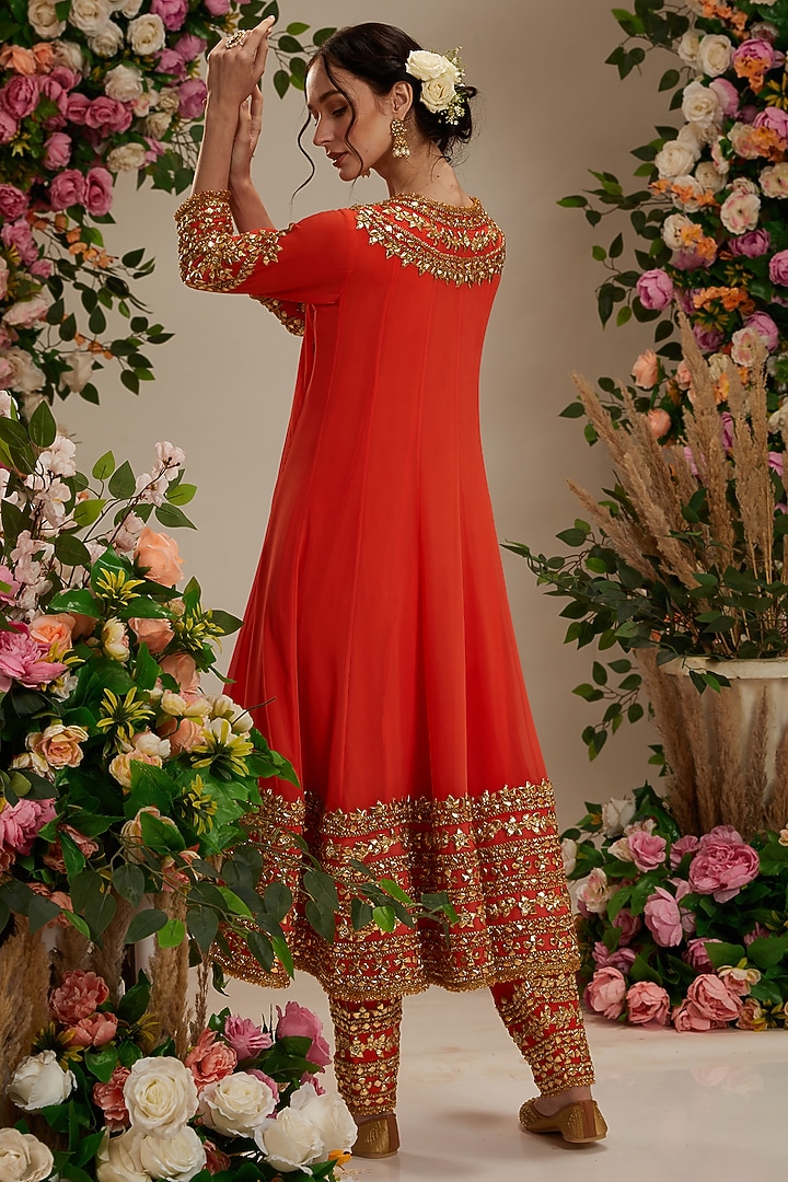 Coral Orange Georgette Gota Embroidered Bridal Anarkali Set by Preeti S Kapoor at Pernia's Pop Up Shop