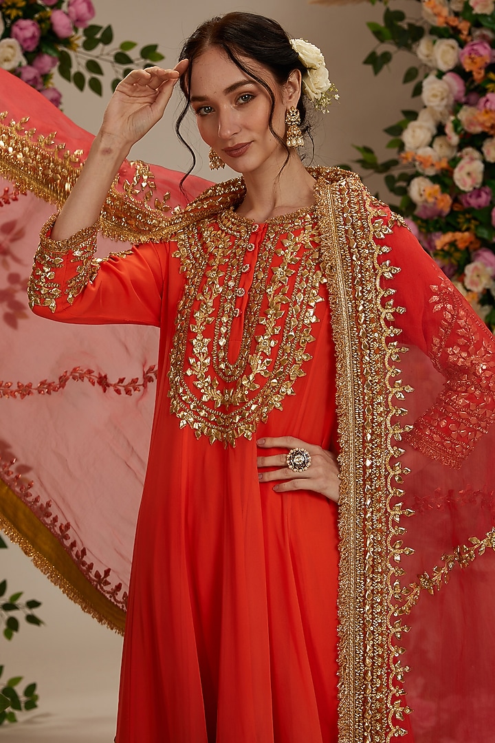 Coral Orange Georgette Gota Embroidered Bridal Anarkali Set by Preeti S Kapoor at Pernia's Pop Up Shop