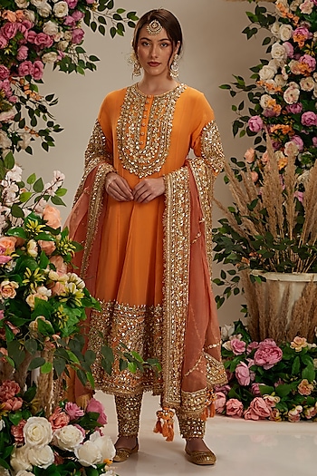 Peach-Orange Georgette Gota Embroidered Bridal Anarkali Set by Preeti S Kapoor at Pernia's Pop Up Shop