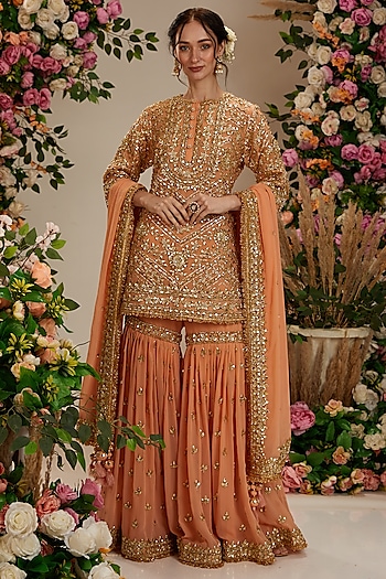 Soft Peach Georgette Gota Embroidered Gharara Set by Preeti S Kapoor at Pernia's Pop Up Shop