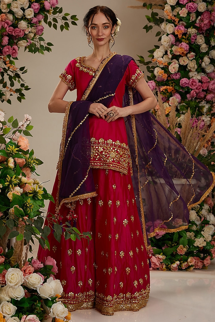 Hot Pink Silk Gota Embroidered Wedding Sharara Set by Preeti S Kapoor at Pernia's Pop Up Shop