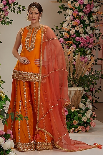 Mustard-Orange Silk Gota Patti Embellished Wedding Sharara Set by Preeti S Kapoor at Pernia's Pop Up Shop