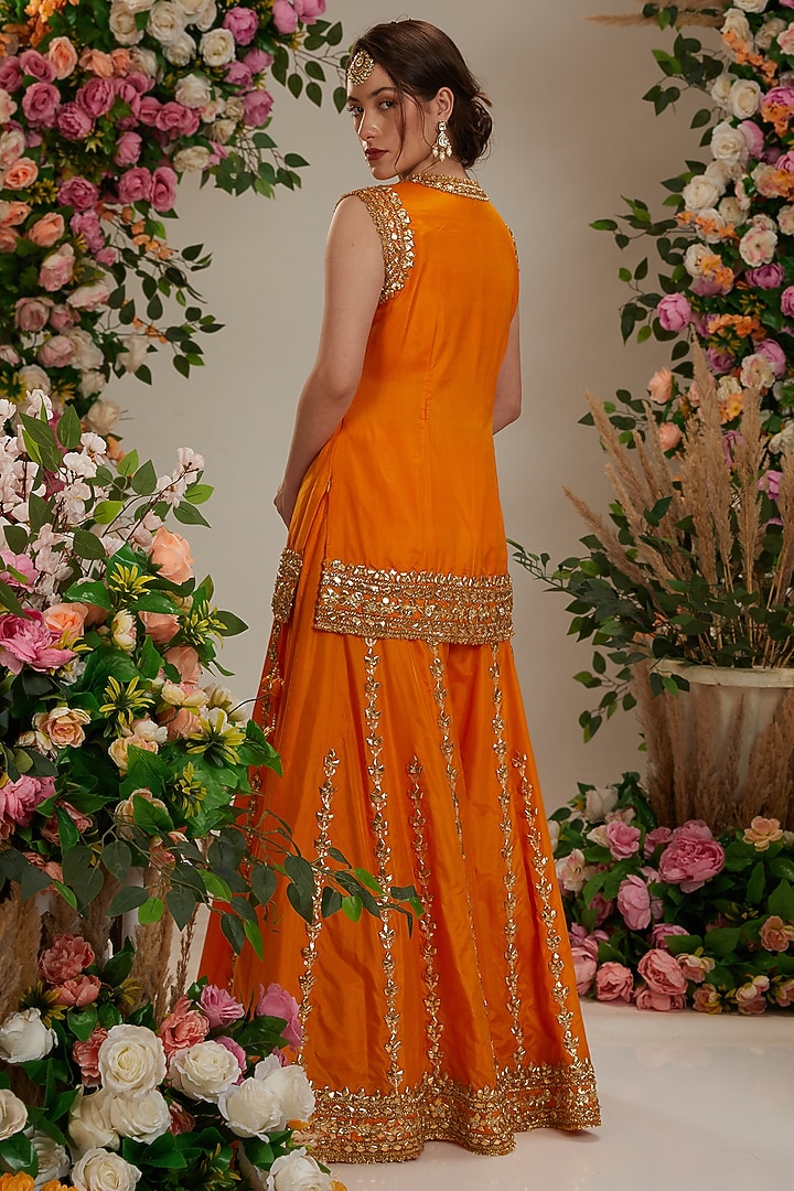 Many Frocks & georgette and chanderi sleevelessgota patti flower embellished Top & Dhoti Set - Red & Yellow