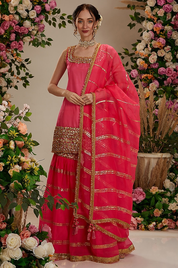 Pink Silk Gota Embellished Gharara Set by Preeti S Kapoor