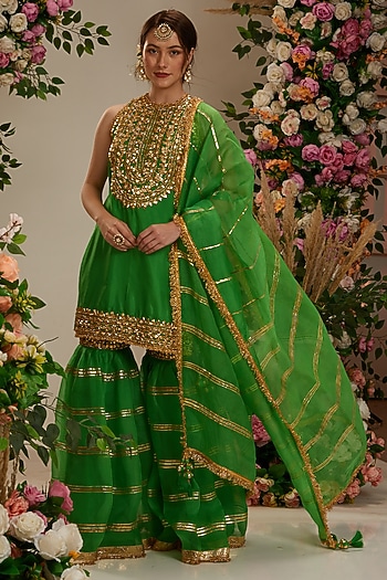 Green Silk Lachi Embroidered Gharara Set by Preeti S Kapoor at Pernia's Pop Up Shop
