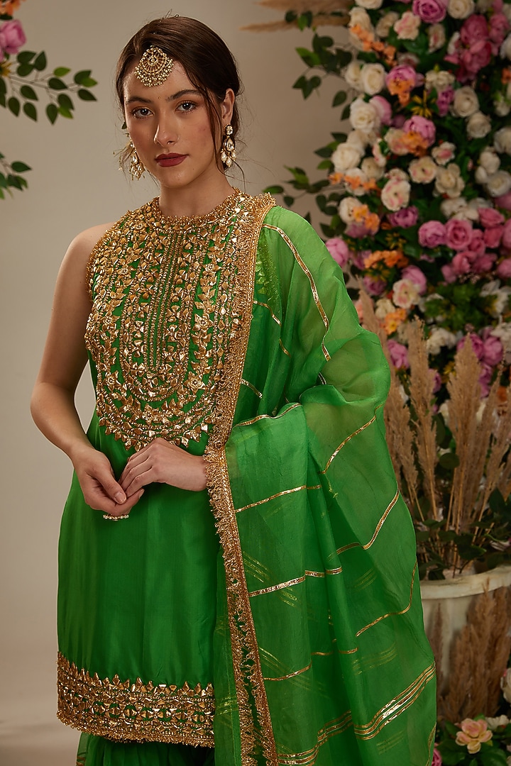 Green Silk Lachi Embroidered Gharara Set by Preeti S Kapoor at Pernia's Pop Up Shop