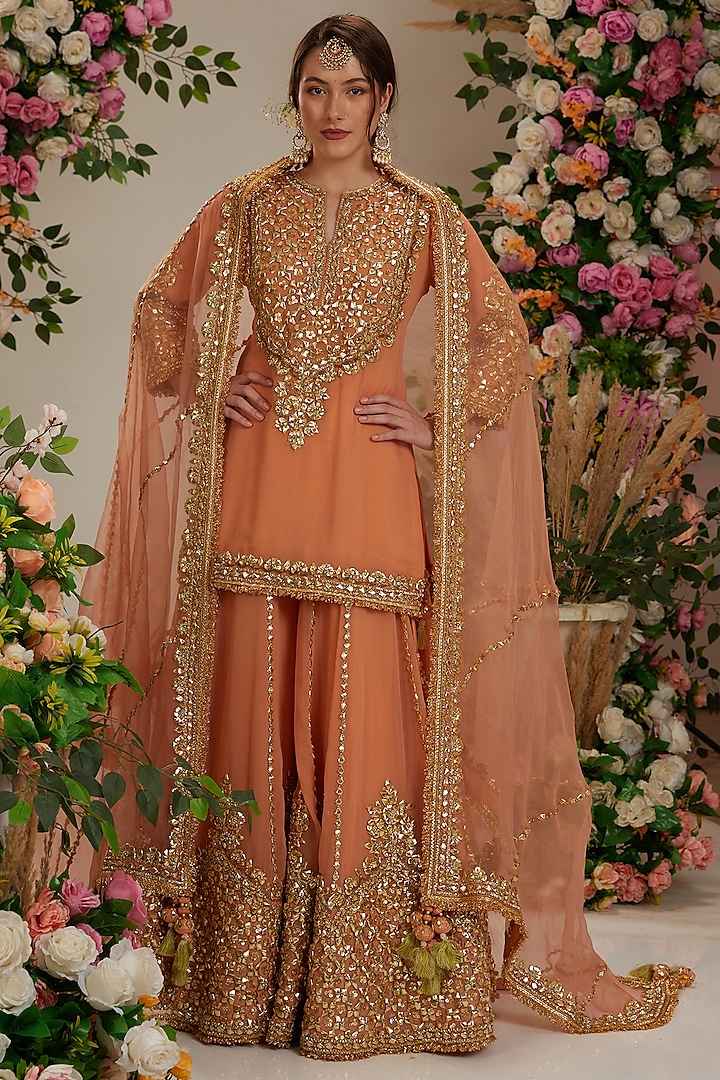 Peach Georgette Gota Patti Embroidered Bridal Sharara Set by Preeti S Kapoor at Pernia's Pop Up Shop