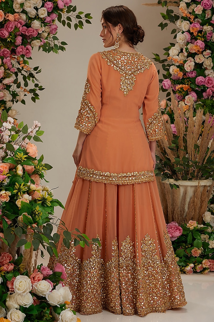 Peach Georgette Gota Patti Embroidered Sharara Set by Preeti S