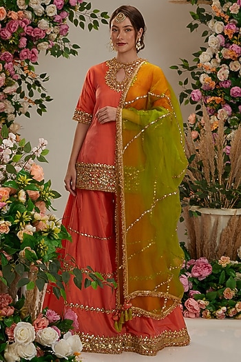 Orange-Peach Silk Gota Embroidered Wedding Sharara Set by Preeti S Kapoor at Pernia's Pop Up Shop