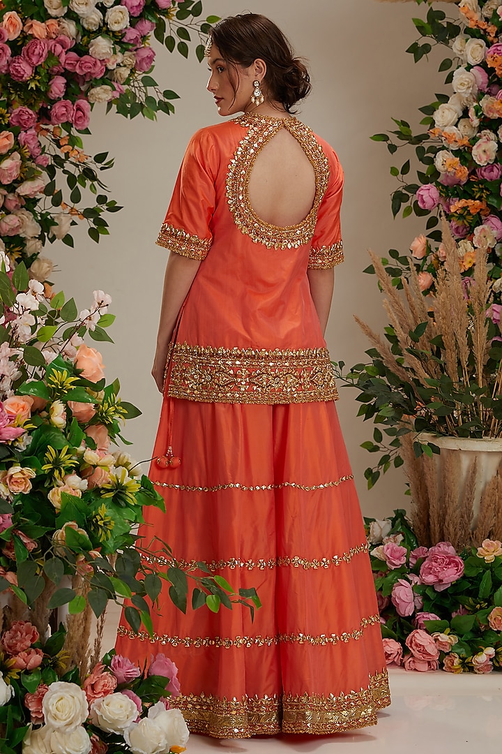 Orange-Peach Silk Gota Embroidered Wedding Sharara Set by Preeti S Kapoor at Pernia's Pop Up Shop