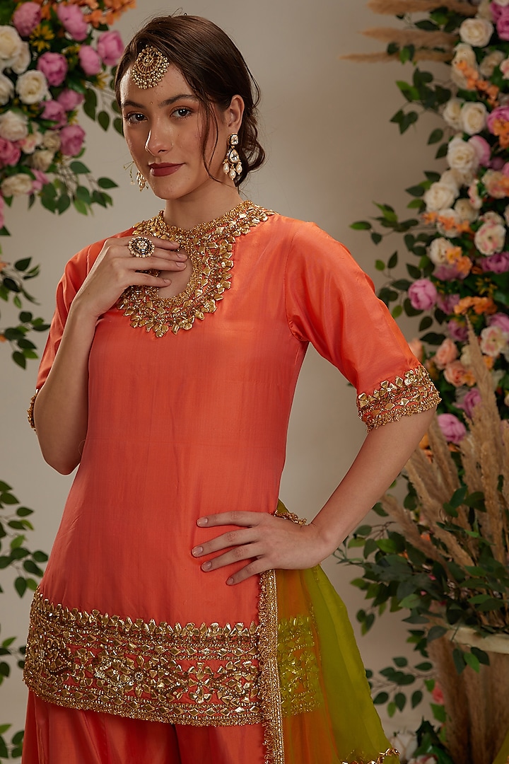 Orange-Peach Silk Gota Embroidered Wedding Sharara Set by Preeti S Kapoor at Pernia's Pop Up Shop