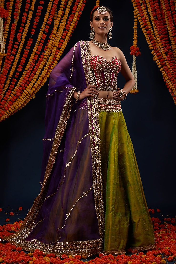 Mehendi Green Raw Silk Wedding Lehenga Set by Preeti S Kapoor at Pernia's Pop Up Shop