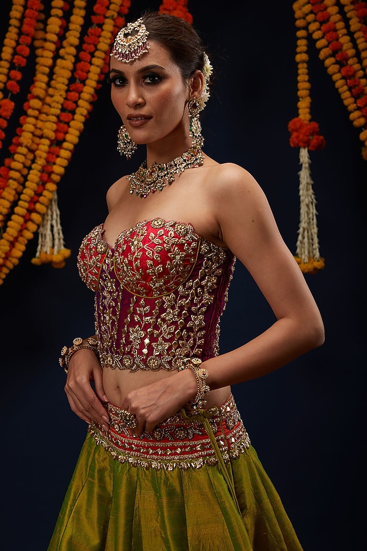 Mehendi Green Raw Silk Wedding Lehenga Set by Preeti S Kapoor at Pernia's Pop Up Shop