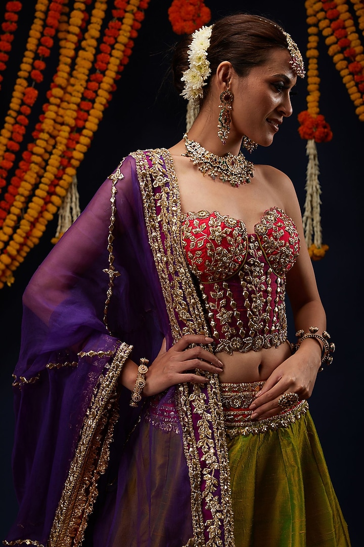 Mehendi Green Raw Silk Wedding Lehenga Set by Preeti S Kapoor at Pernia's Pop Up Shop
