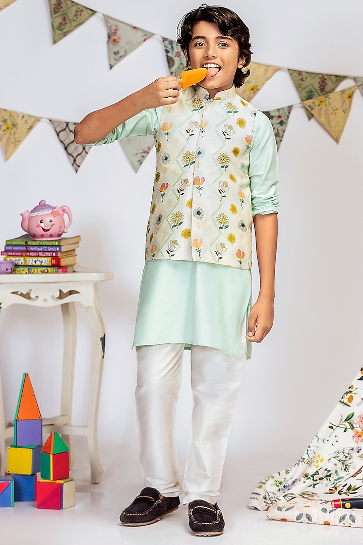 Cream Printed Bundi Jacket With Kurta Set For Boys by Payal Singhal Kids