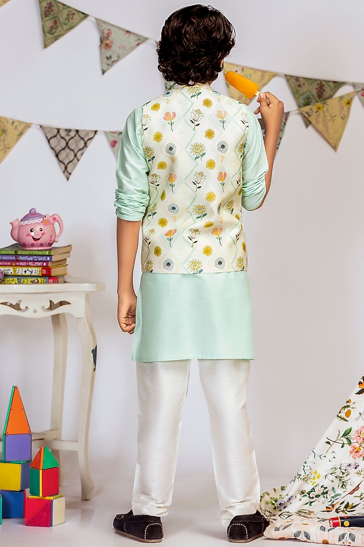 Cream Printed Bundi Jacket With Kurta Set For Boys by Payal Singhal Kids at Pernia's Pop Up Shop