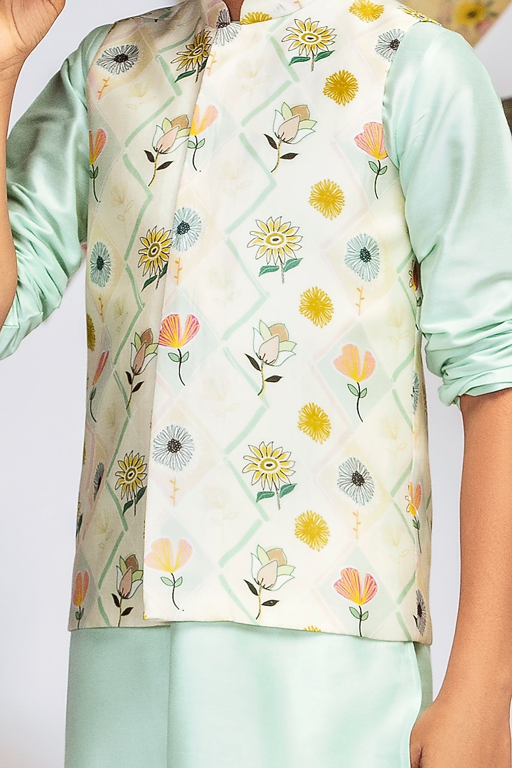 Cream Printed Bundi Jacket With Kurta Set For Boys by Payal Singhal Kids at Pernia's Pop Up Shop