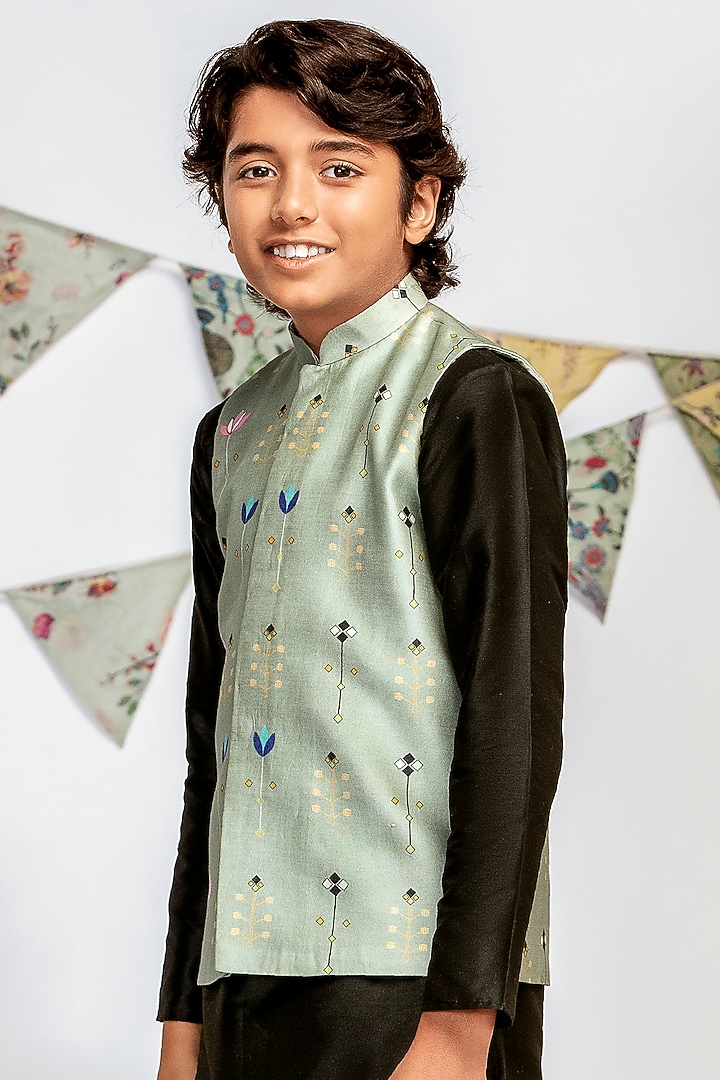Green Printed Bundi Jacket With Kurta Set For Boys by Payal Singhal Kids at Pernia's Pop Up Shop