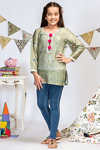 Green Printed Tunic For Girls by Payal Singhal Kids
