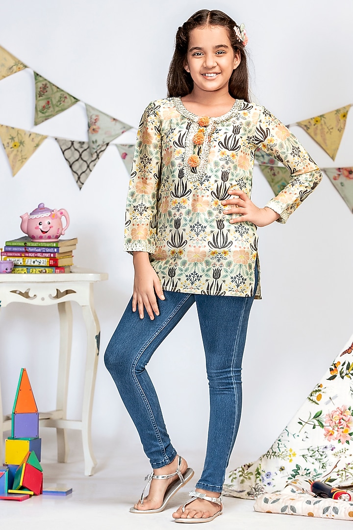 Cream Printed Tunic For Girls by Payal Singhal Kids at Pernia's Pop Up Shop