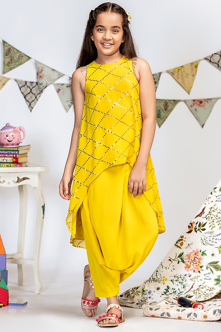 Yellow Crepe Low Crotch Pant Set For Girls by Payal Singhal Kids