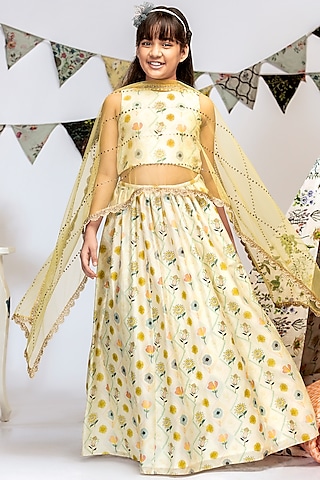 Cream Printed Lehenga Set For Girls by Payal Singhal Kids