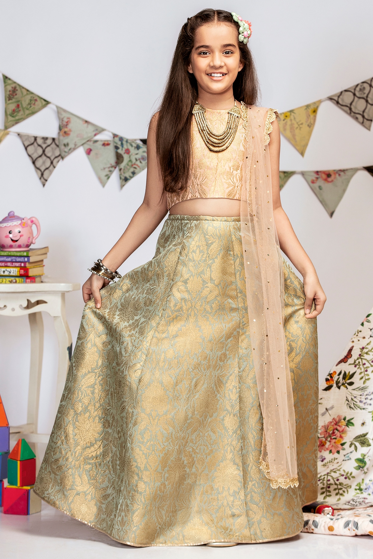 Nude Embroidered Blouse and Mint Green Brocade Lehenga | The Little Black  Bow – KYNAH