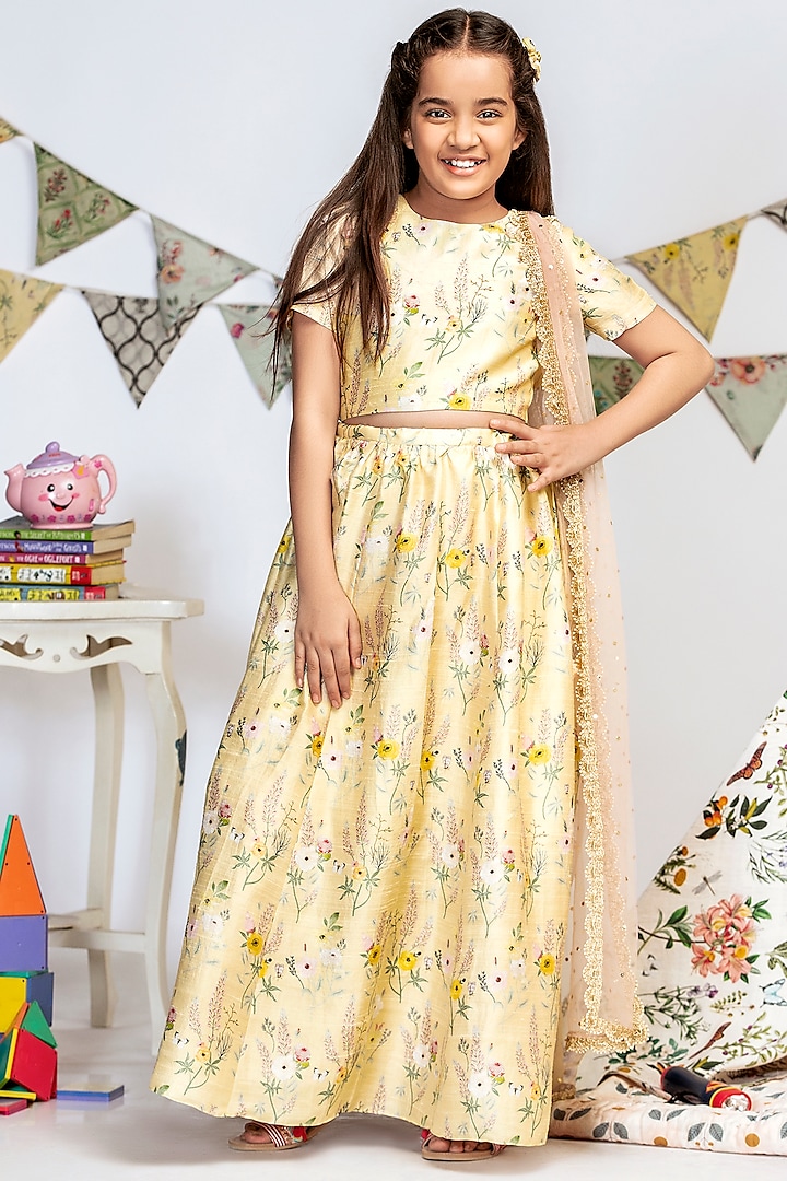 Pale Yellow Printed Lehenga Set For Girls by Payal Singhal Kids