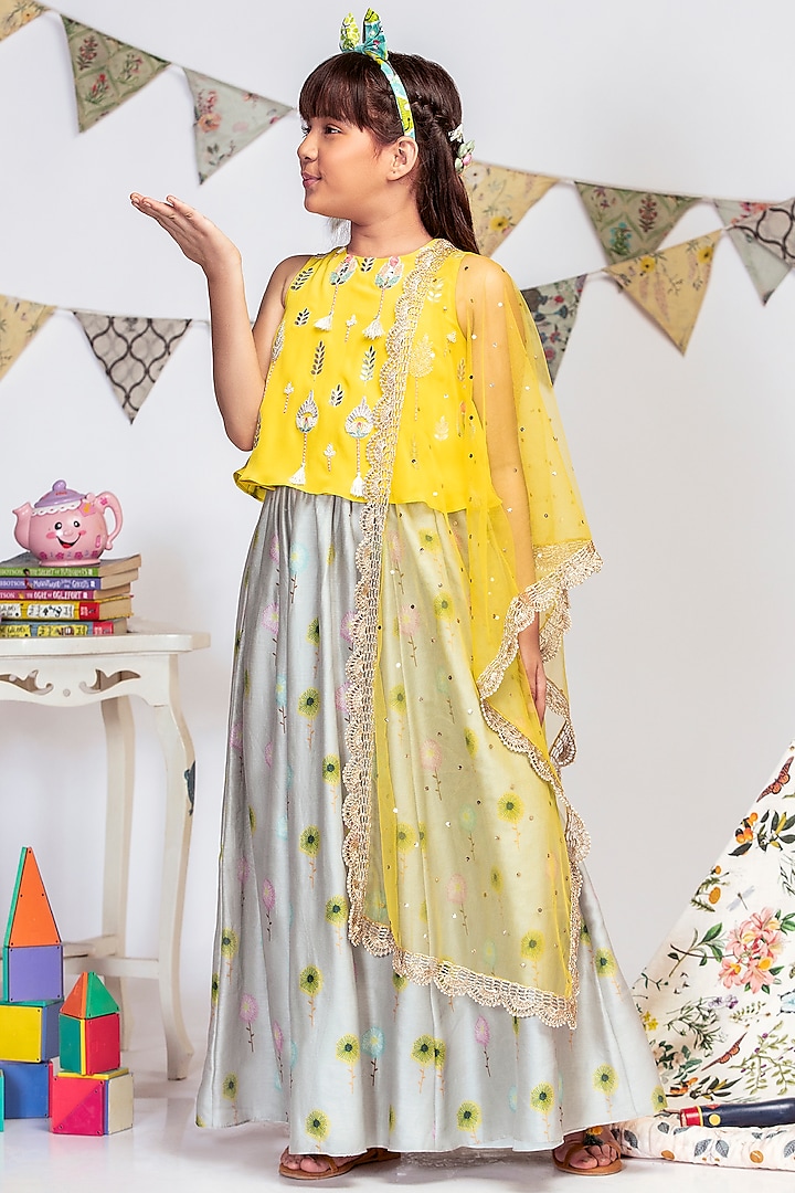 Grey Printed Lehenga Set For Girls by Payal Singhal Kids