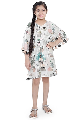 White Printed Kaftan For Girls by Payal Singhal Kids