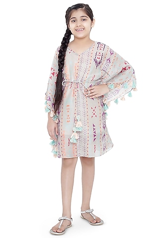 Grey Striped Kaftan For Girls by Payal Singhal Kids