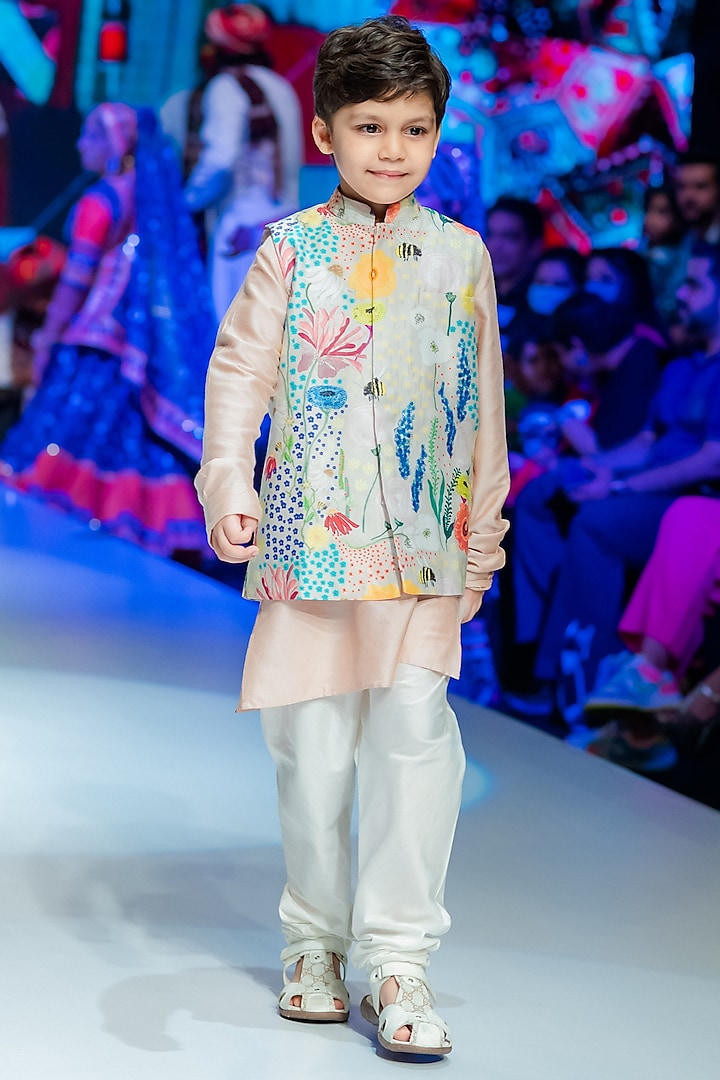 Blush Pink Kurta Set With Aqua Bundi Jacket For Boys by Payal Singhal Kids