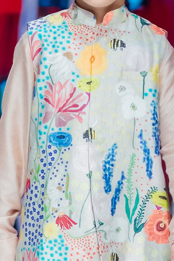Blush Pink Kurta Set With Aqua Bundi Jacket For Boys by Payal Singhal Kids at Pernia's Pop Up Shop