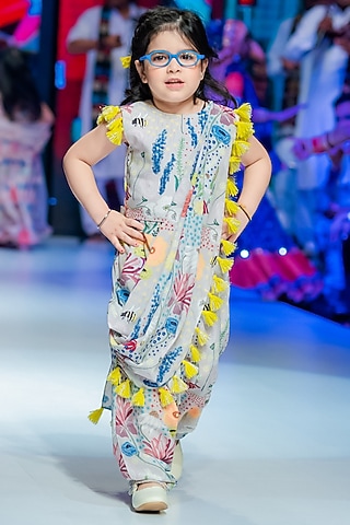 Stone Grey Printed Low-Crotch Pant Set For Girls by Payal Singhal Kids