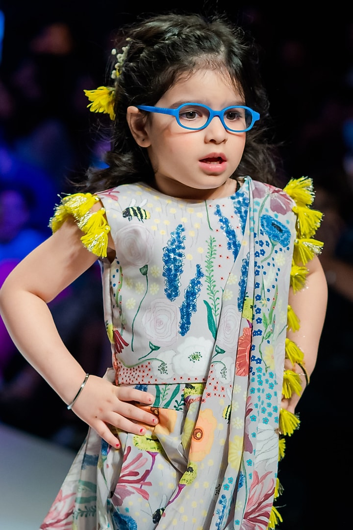 Stone Grey Printed Low-Crotch Pant Set For Girls by Payal Singhal Kids at Pernia's Pop Up Shop