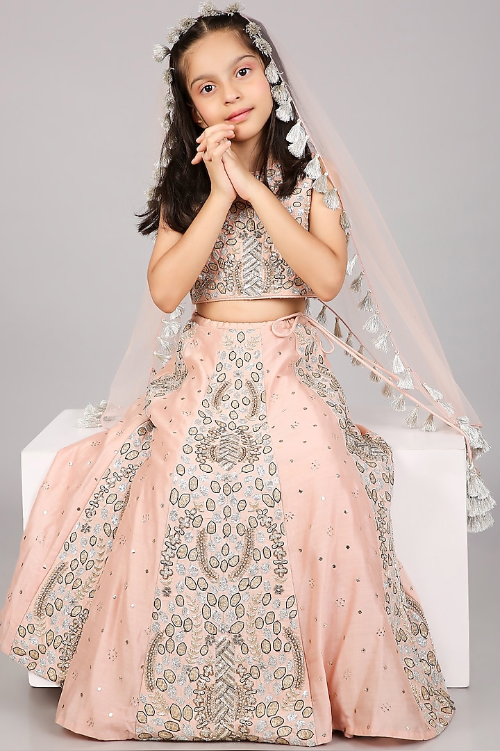 Rose Pink Dupion Silk Embroidered Lehenga Set For Girls by Payal Singhal Kids at Pernia's Pop Up Shop