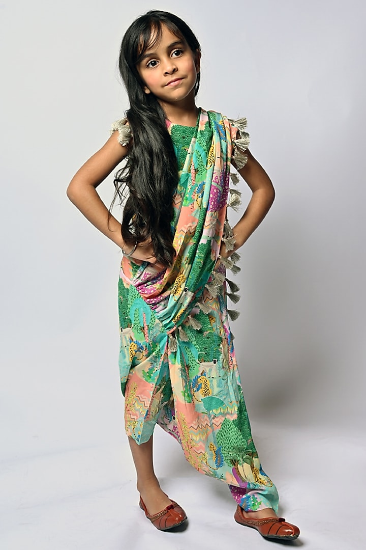 Multi-Colored Crepe Printed Dhoti Saree Set For Girls by Payal Singhal Kids