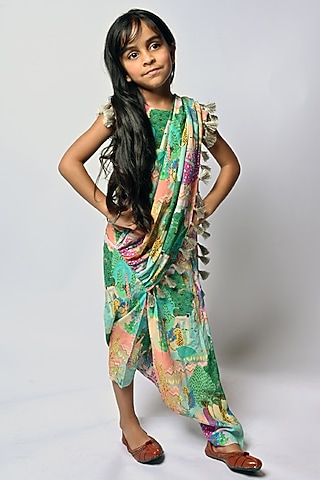 Multi-Colored Crepe Printed Dhoti Saree Set For Girls by Payal Singhal Kids