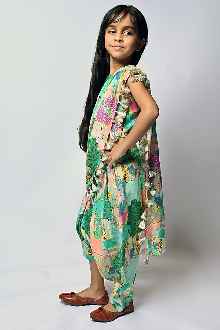Multi-Colored Crepe Printed Dhoti Saree Set For Girls by Payal Singhal Kids at Pernia's Pop Up Shop