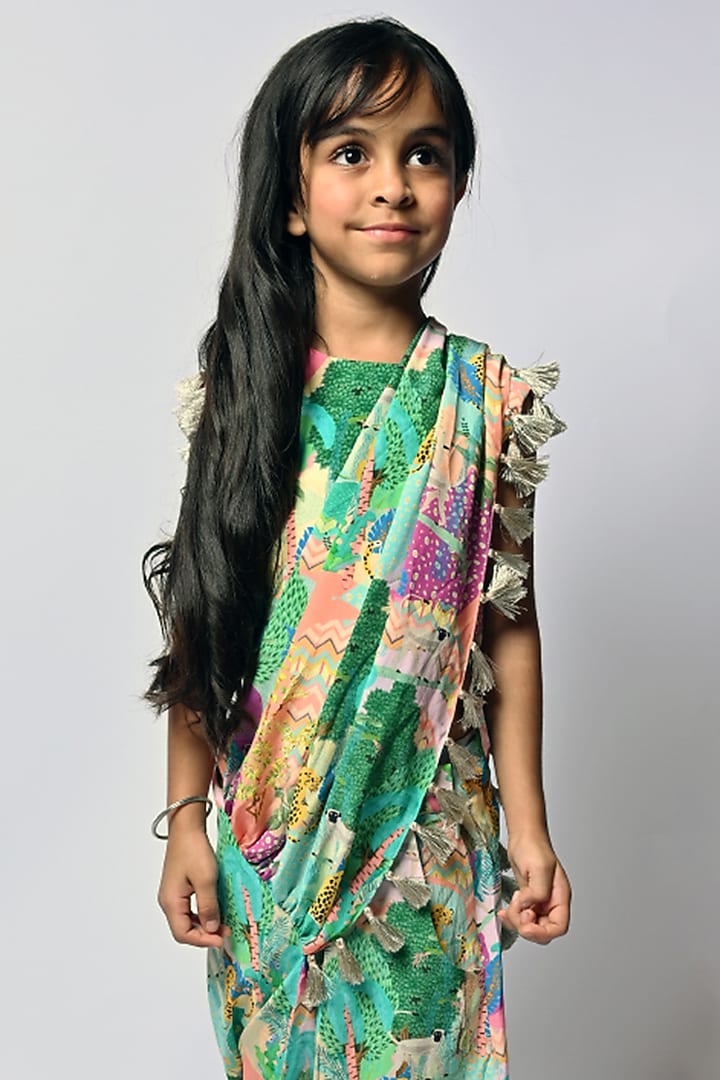 Multi-Colored Crepe Printed Dhoti Saree Set For Girls by Payal Singhal Kids at Pernia's Pop Up Shop