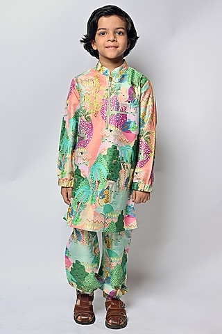 Multi-Colored Printed Kurta Set For Boys by Payal Singhal Kids