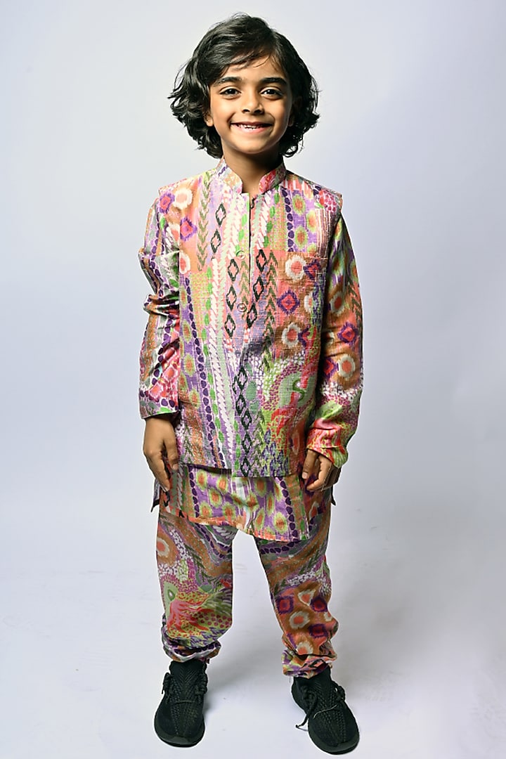 Multi-Colored Printed Kurta Set With Bundi Jacket For Boys by Payal Singhal Kids
