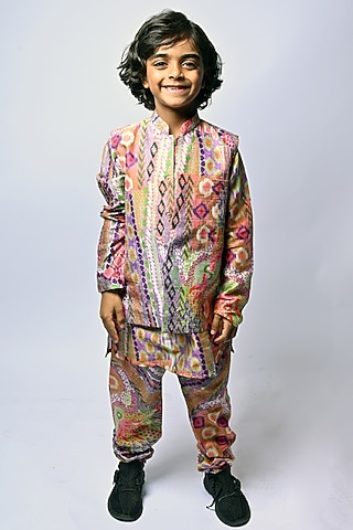 Multi-Colored Printed Kurta Set With Bundi Jacket For Boys by Payal Singhal Kids